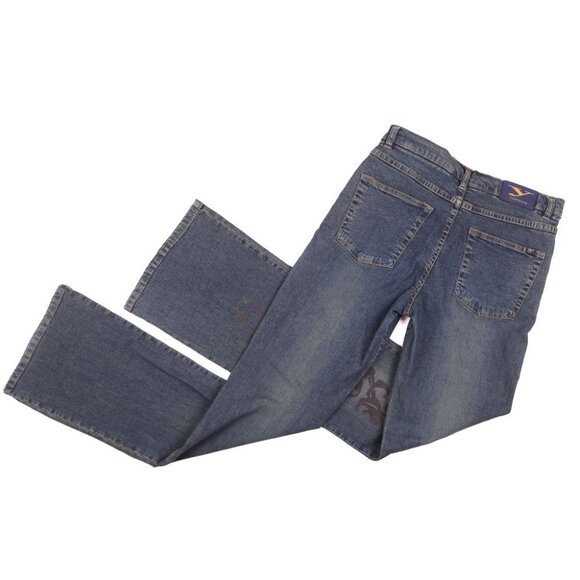 Y London Stretch Flare Jeans Flocked Velvet Design Denim Blue Zip Fly Retro 30 - Picture 3 of 8